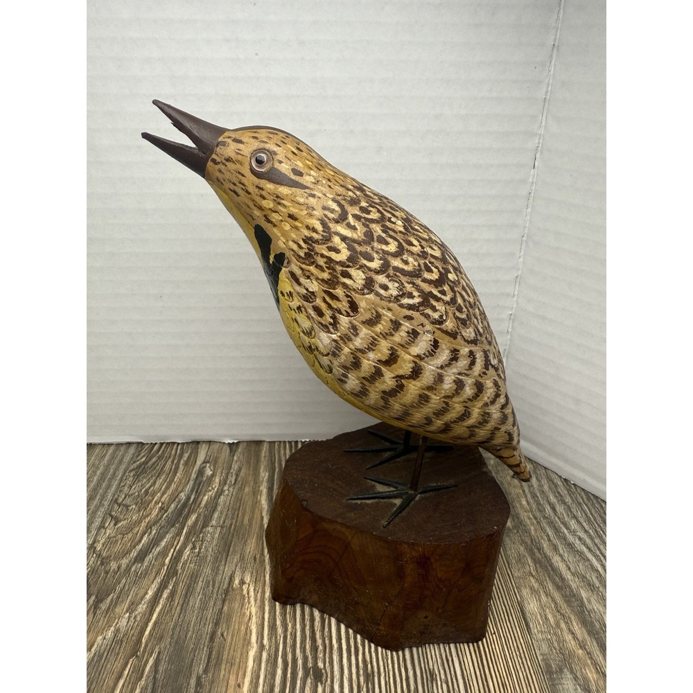 Hand Carved Western Meadowlark Bird In Log Hand Painted Signed